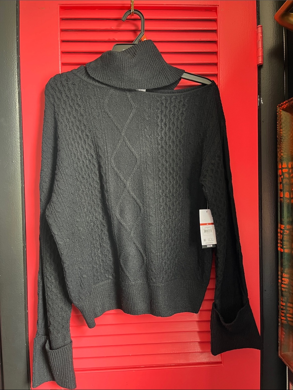 Cable-Knit Black Turtleneck Sweater with cute shoulder cut out